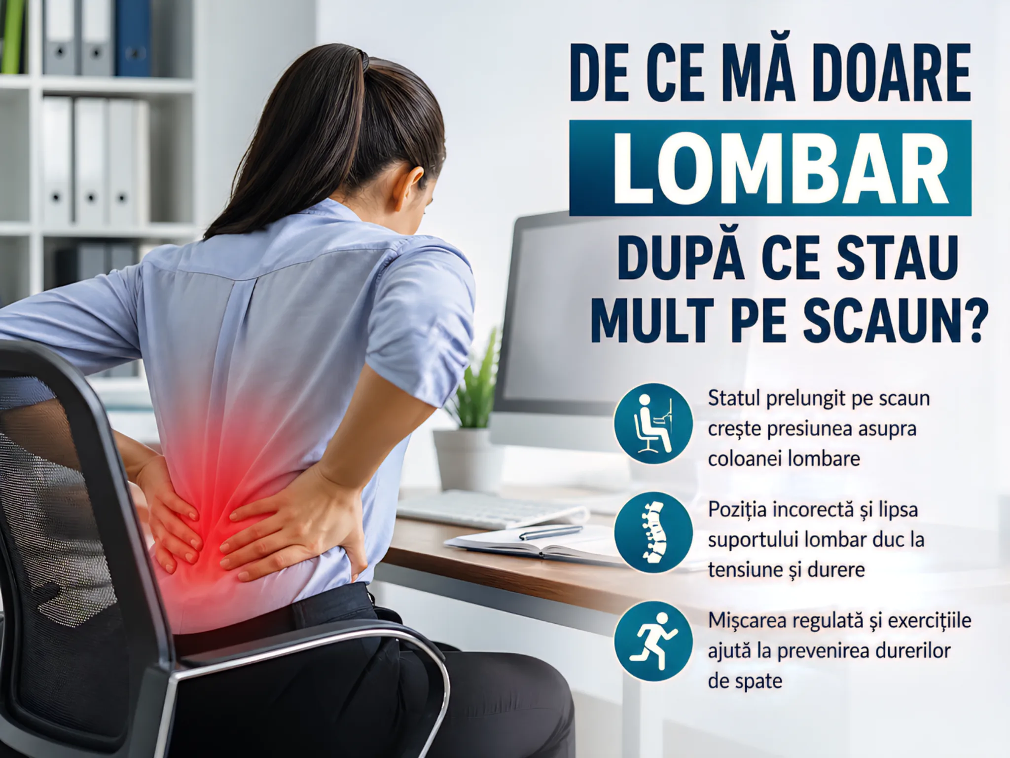 Durere lombară după stat prelungit pe scaun la birou – cauze și prevenție explicate de specialiști în recuperare medicală.
