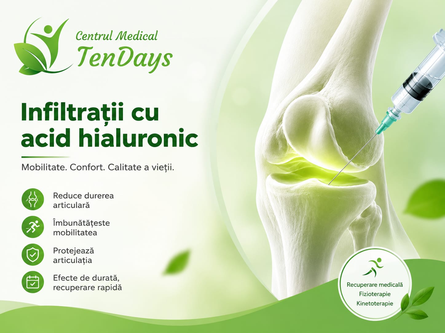 Infiltrație cu acid hialuronic la nivelul genunchiului pentru tratamentul artrozei și recuperare medicală în Ploiești.