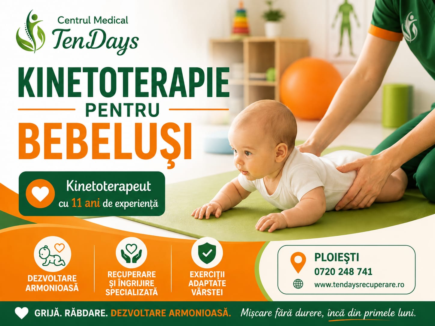 Kinetoterapeut pentru bebeluși în Ploiești în timpul unei ședințe de kinetoterapie la Centrul Medical TenDays.